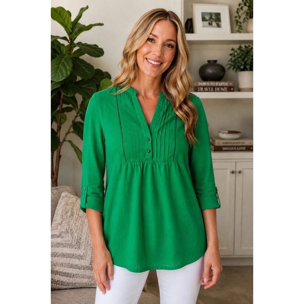 Gap‎ Womens Large Green Pintuck Tunic Blouse 100% Cotton Boho Peasant Top